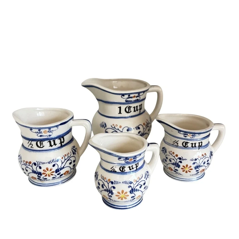 Vintage Ceramic Measuring Cup Pitcher Set 4 Blue White Farmhouse Kitchen Decor